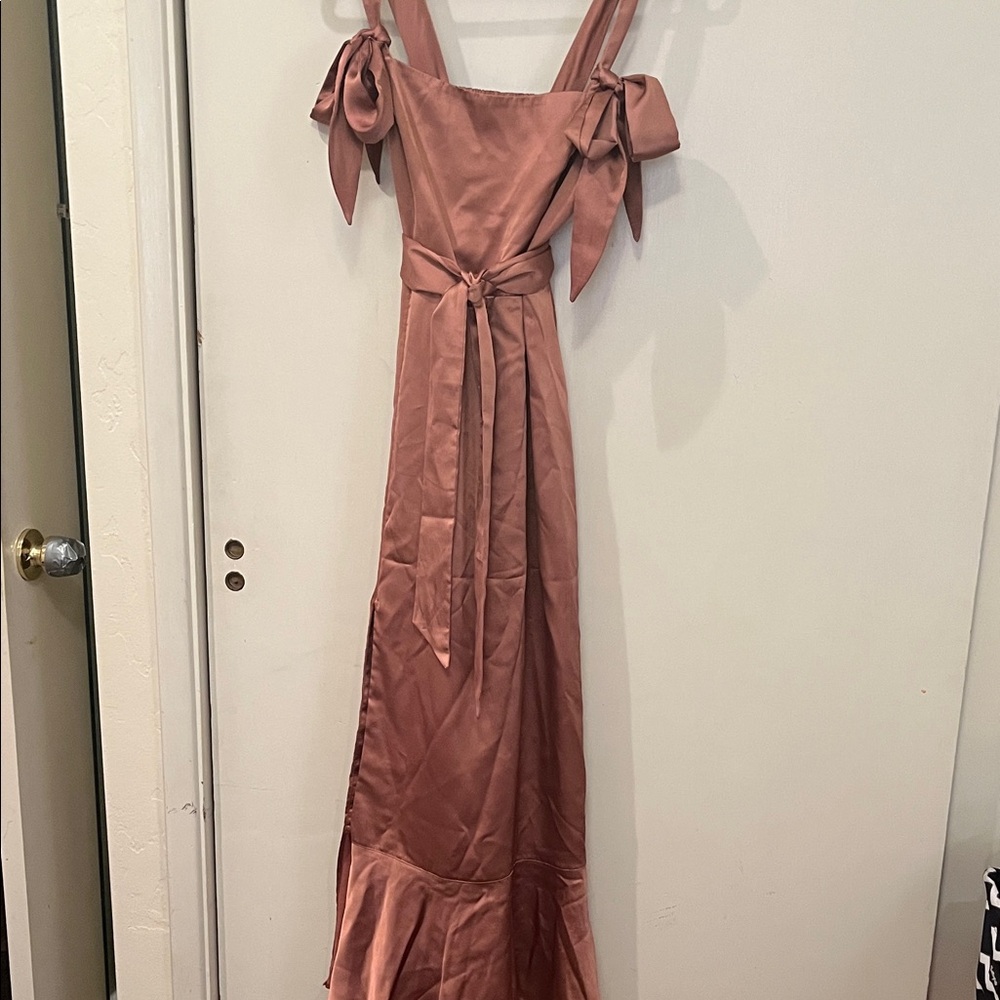 Show Me Your MuMu Satin Finish Look Slit Maxi Dress in Bronze Large